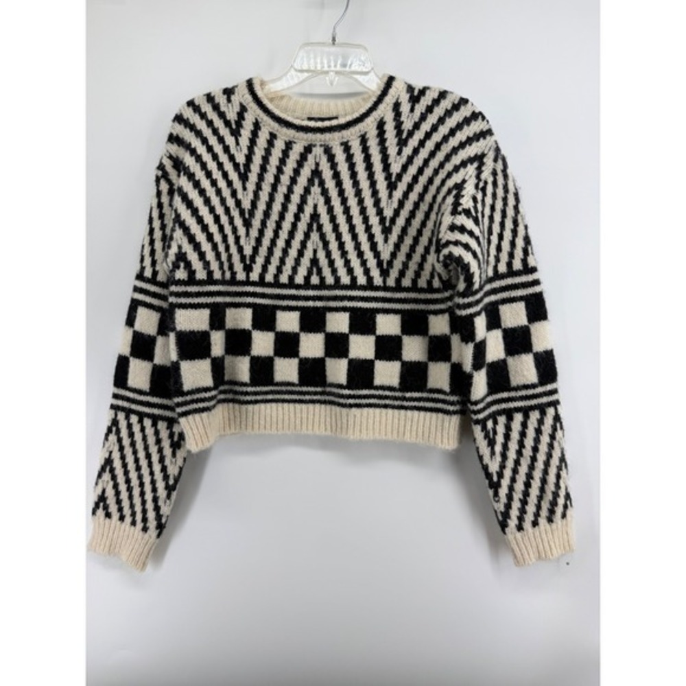 Miou Muse Black Ivory Geometric Chevron Checkerboard Cropped Knit Sweater M - Picture 2 of 8